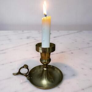 Vintage Brass Chamberstick Candle Holder Thumb Rest Finger Hole Drip Pan Patina